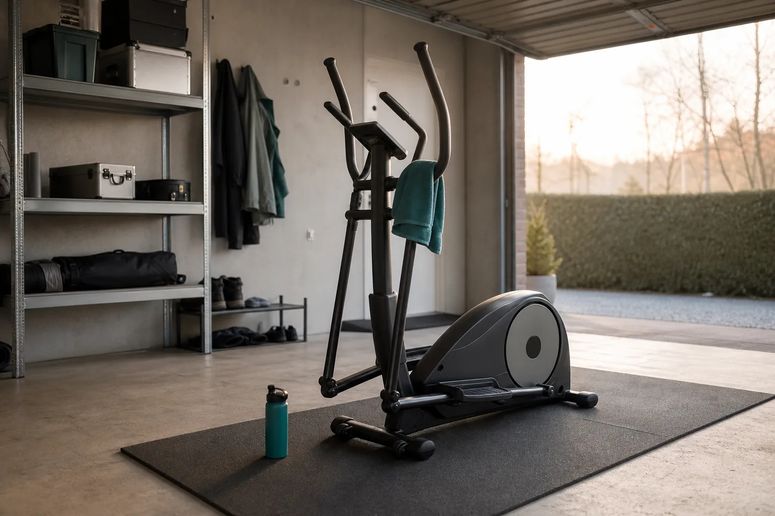 Bakdriven crosstrainer i ett garage