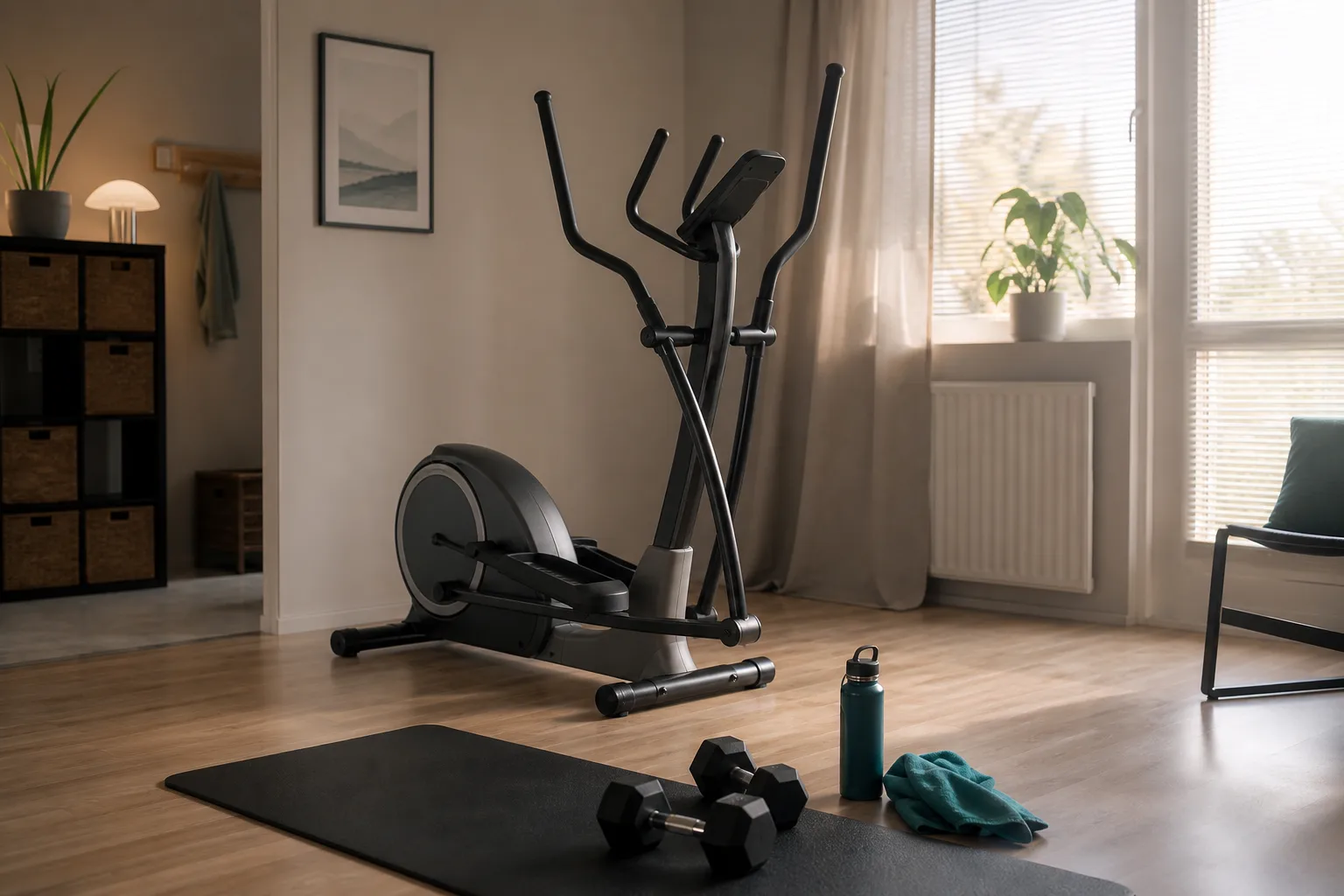 Neutral crosstrainer i ett luftigt hemmagym