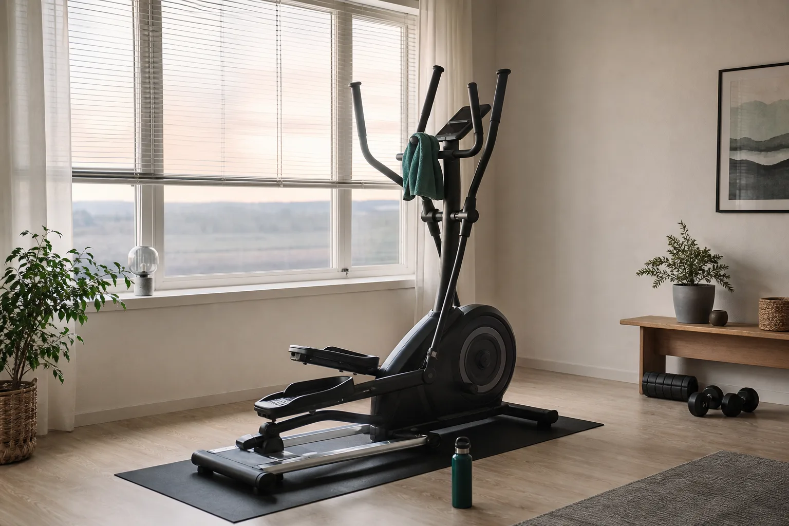 Neutral crosstrainer i BH Fitness-stil vid fönster
