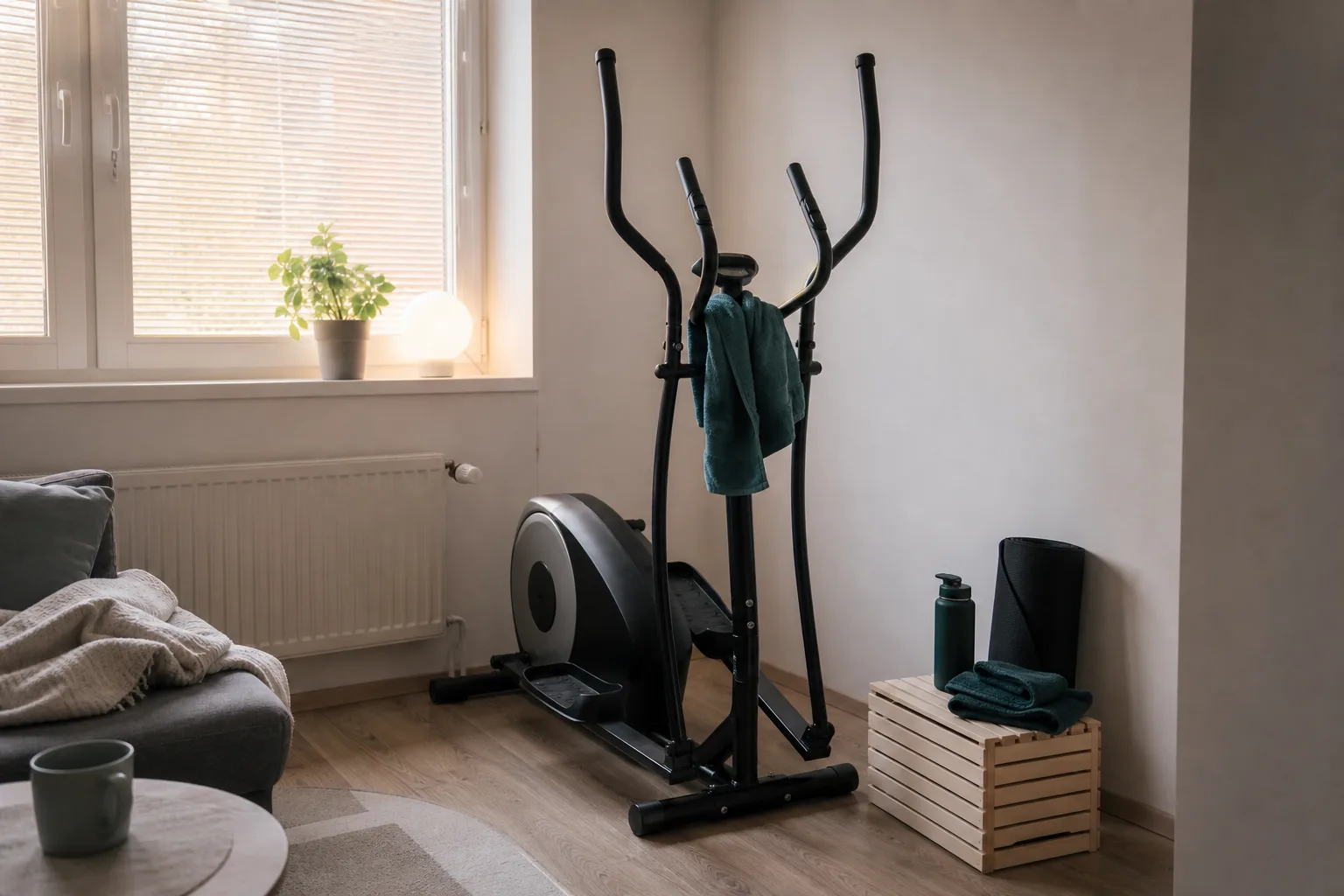 Enkel crosstrainer i en lägenhetshörna