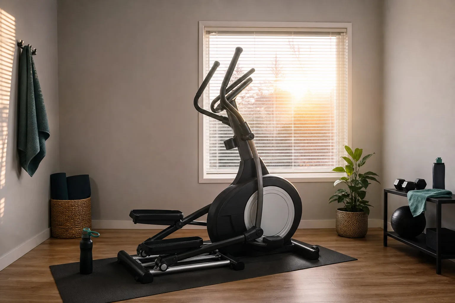 Crosstrainer i ett ljust hemmagymshörn med fri golvyta runt maskinen
