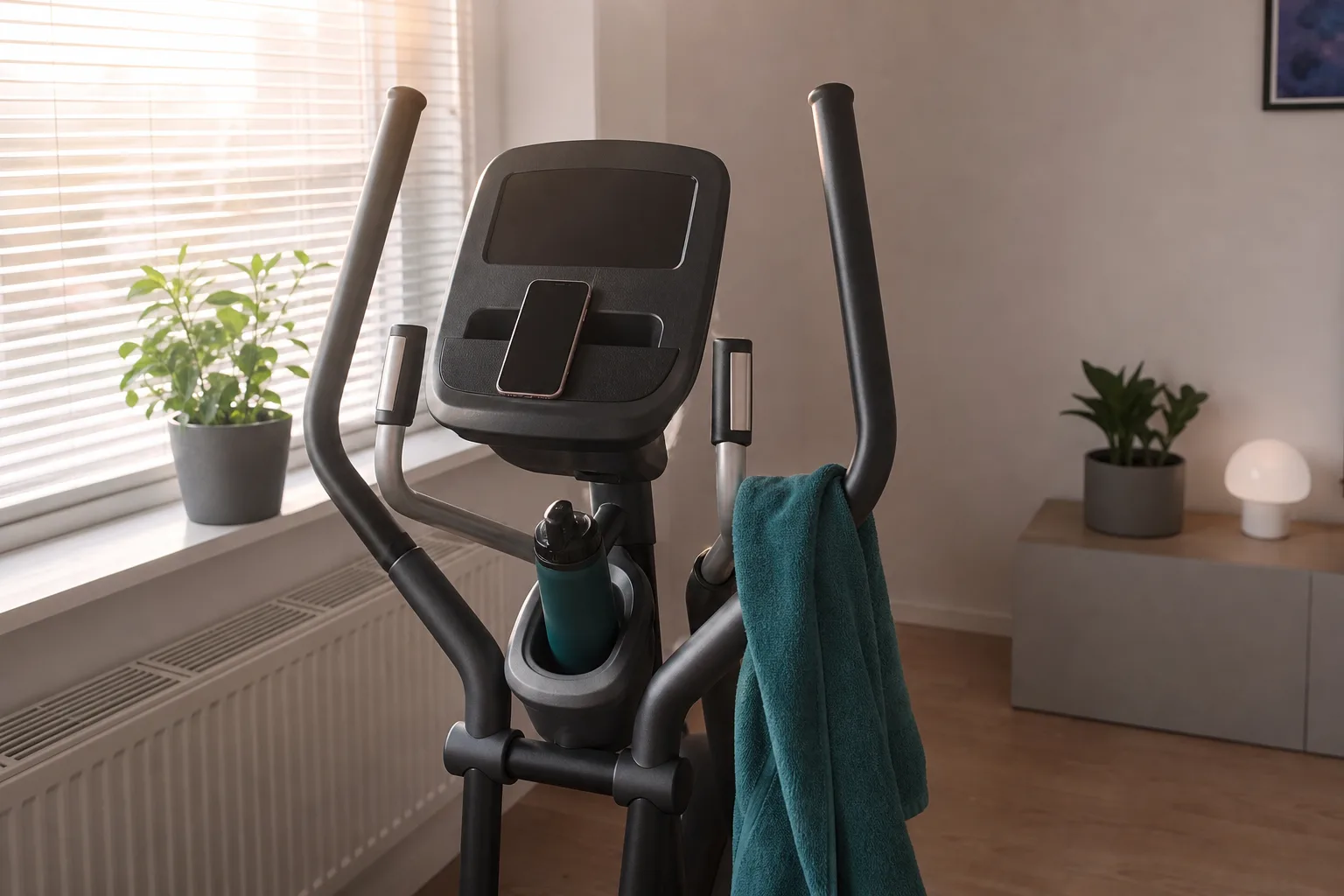 Mobiltelefon med träningsapp bredvid en crosstrainerkonsol