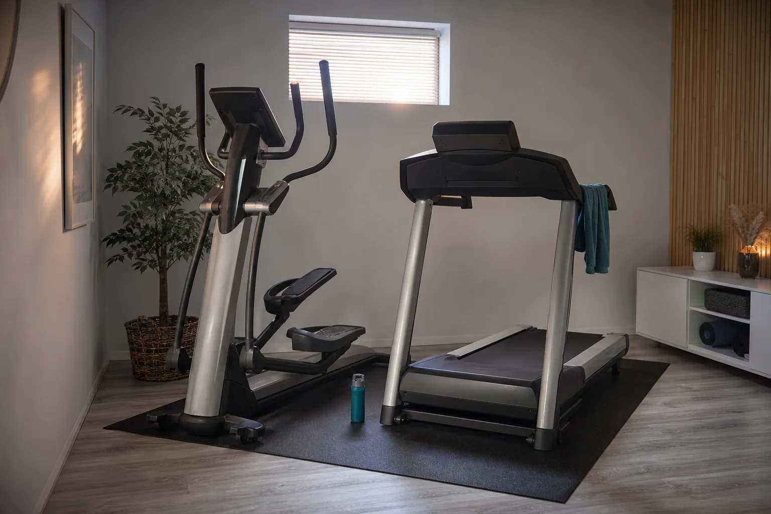 Crosstrainer i ett ljust rum med fri golvyta