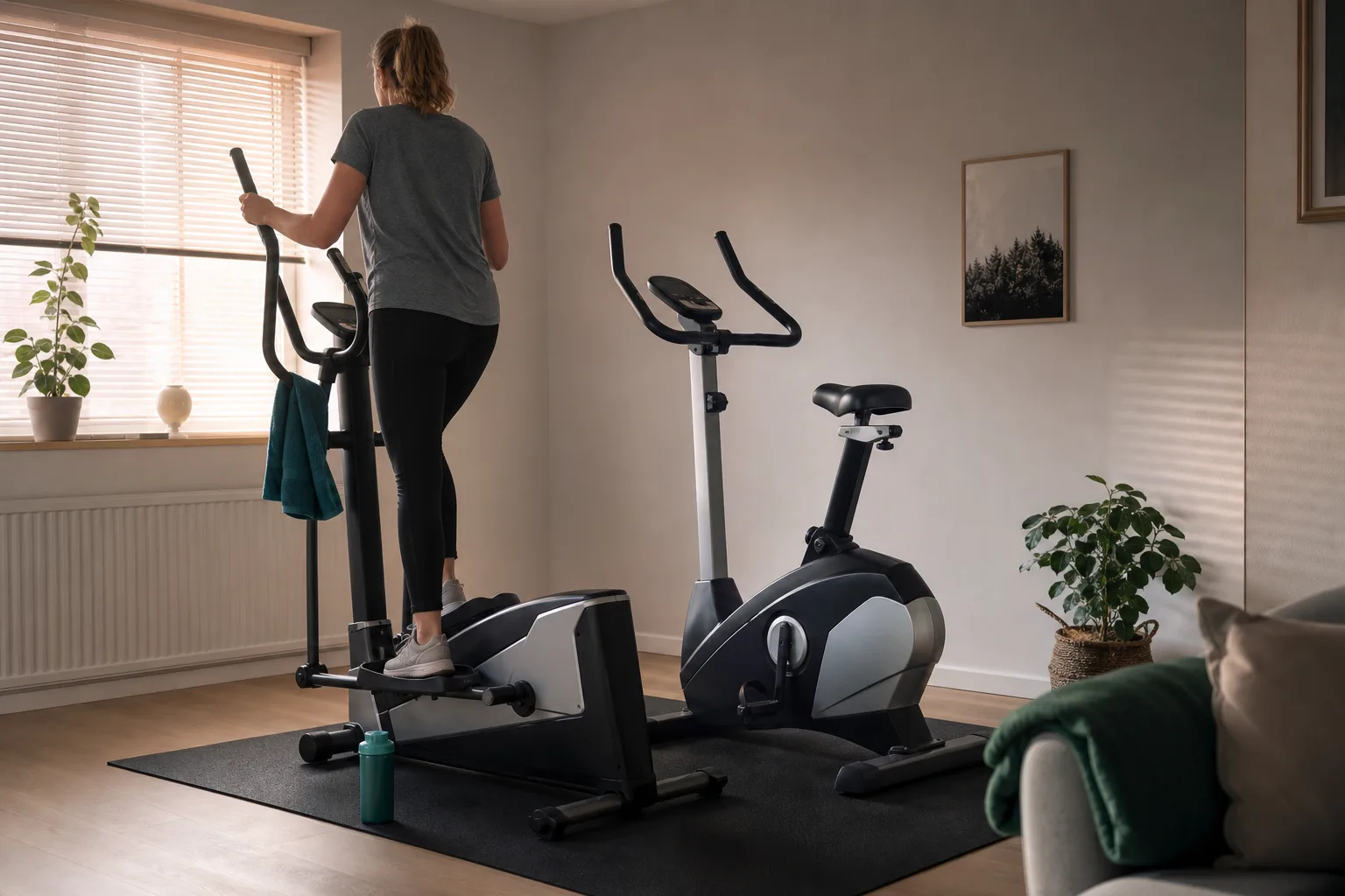 Crosstrainer i ett ljust rum, stående träningsposition