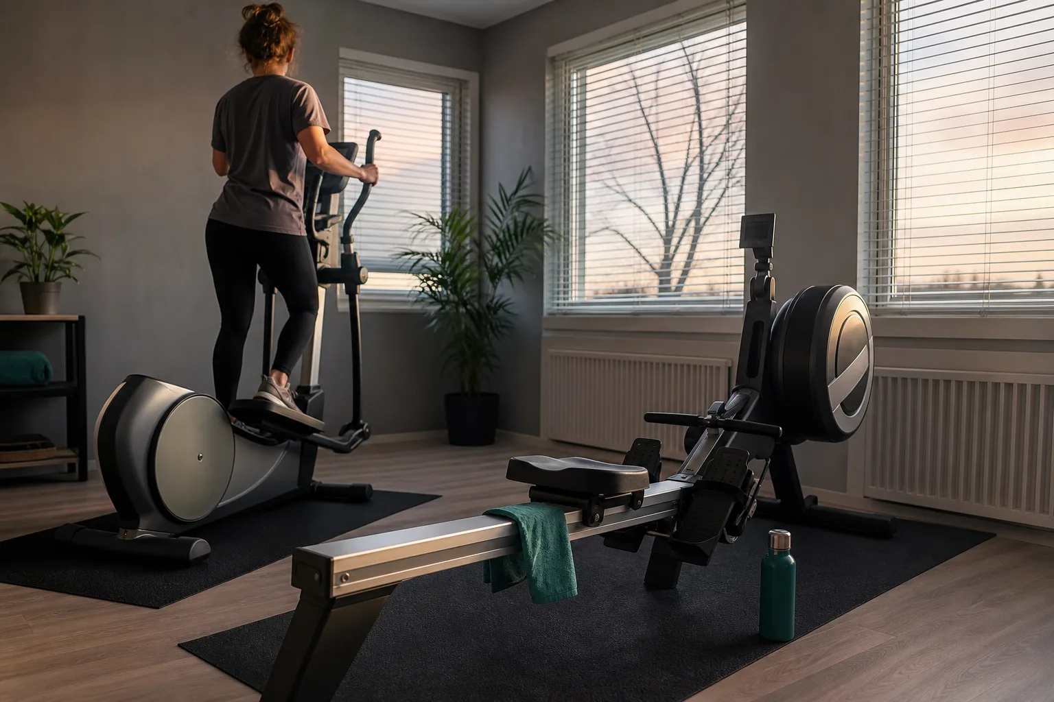 Crosstrainer och roddmaskin sida vid sida