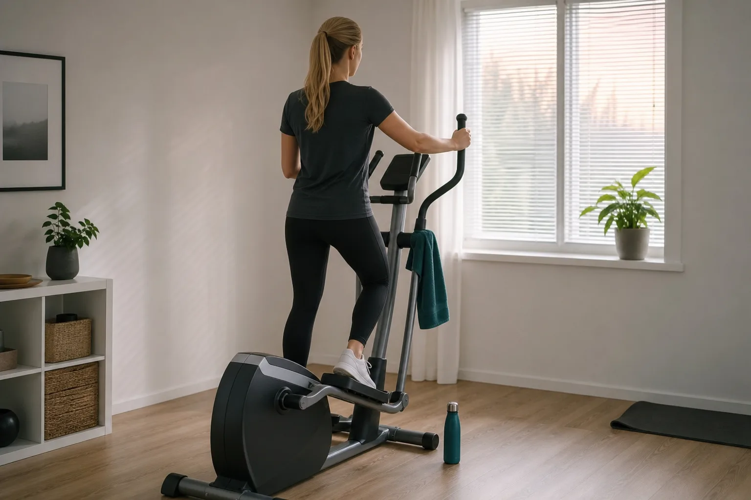 Person bakifrån på en crosstrainer i ett ledigt rum