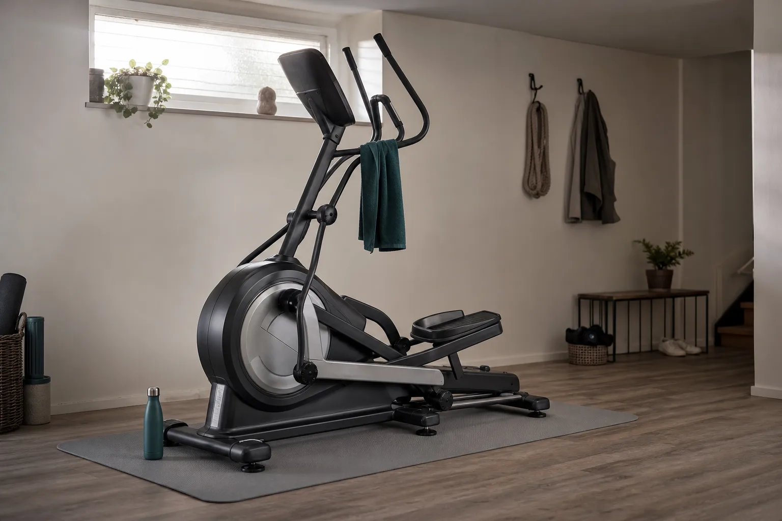 Kraftig crosstrainer med bred stabil ram på gummimatta