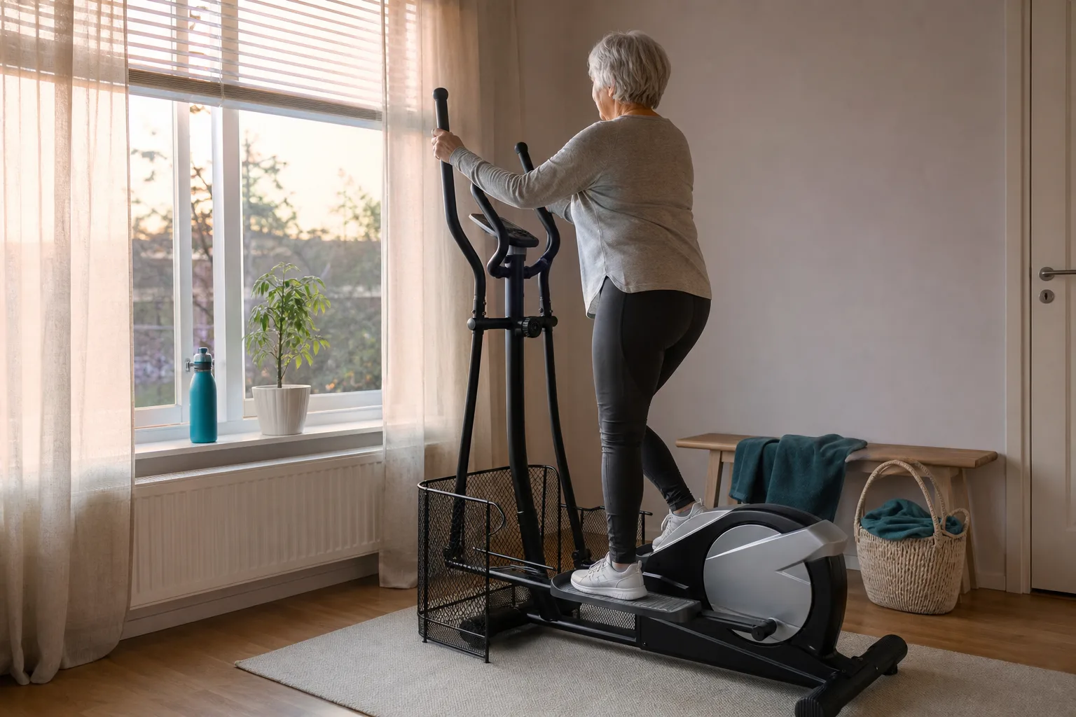 Crosstrainer med lågt insteg och tydliga handtag för seniorer