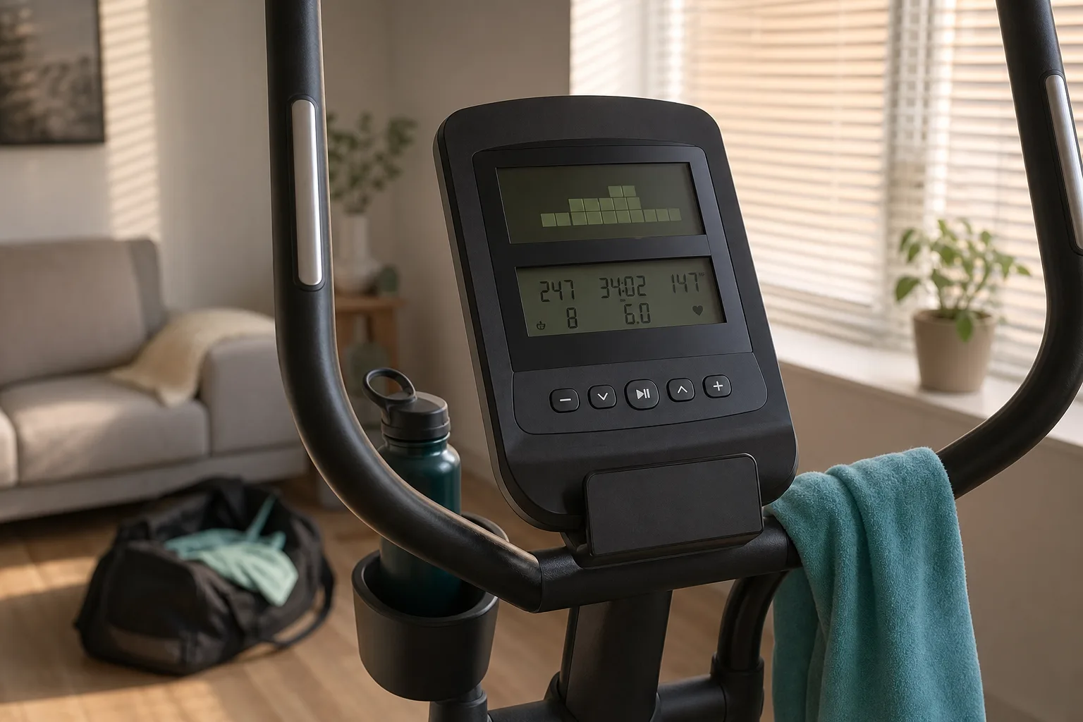 Crosstrainer i ett ljust hemmagymshörn med fri golvyta