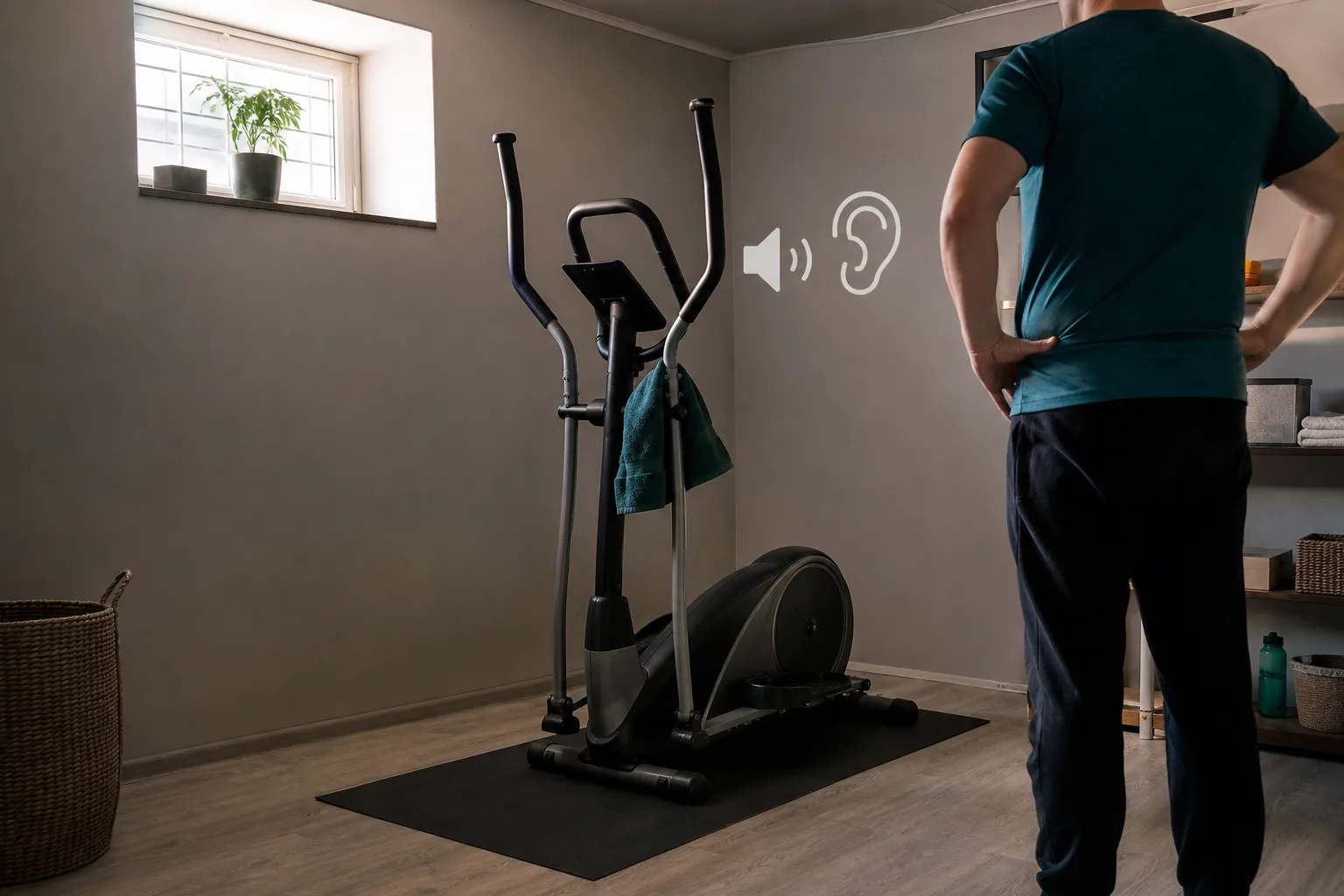 Crosstrainer i ett svenskt vardagsrum tidig morgon