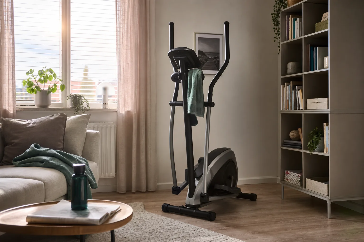 Kompakt crosstrainer i ett ljust vardagsrum