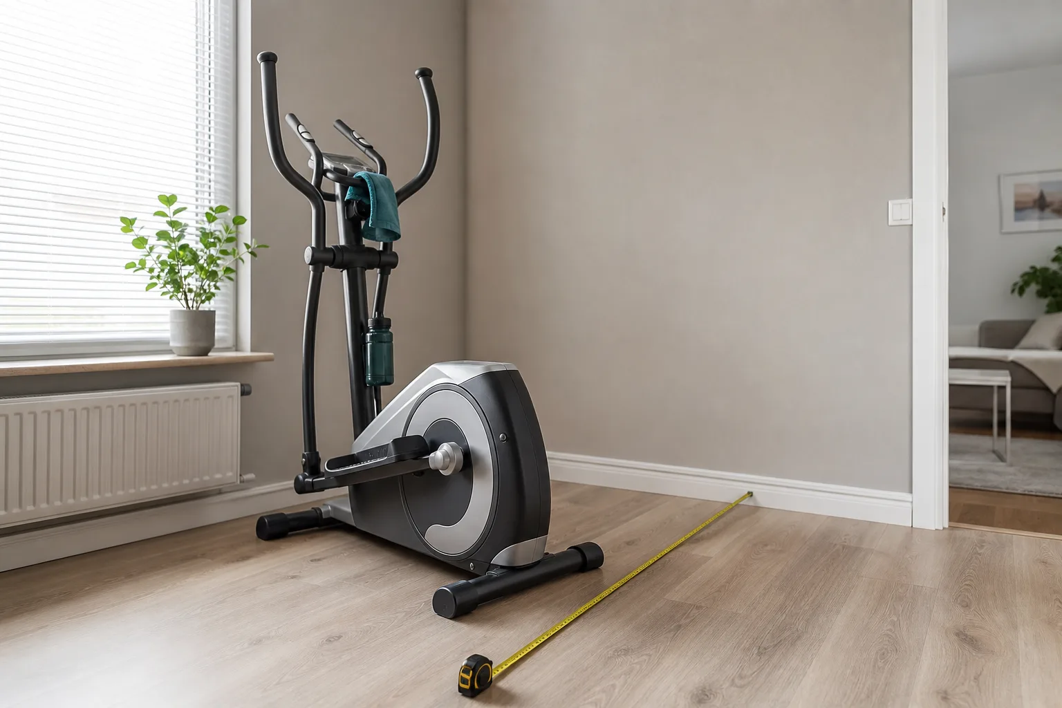 Crosstrainer uppställd i ett rum med uppmätt golvyta och fri gång bakom maskinen