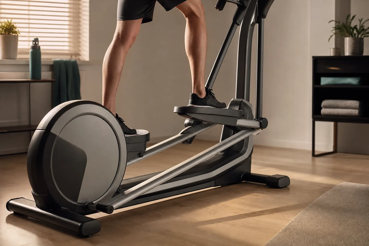Närbild på pedalarm och ellipsbana för lång steglängd