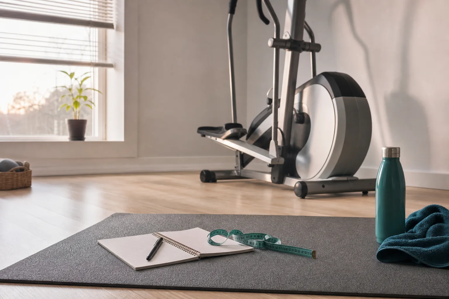 Crosstrainer i ett ljust hemmagymshörn med fri golvyta