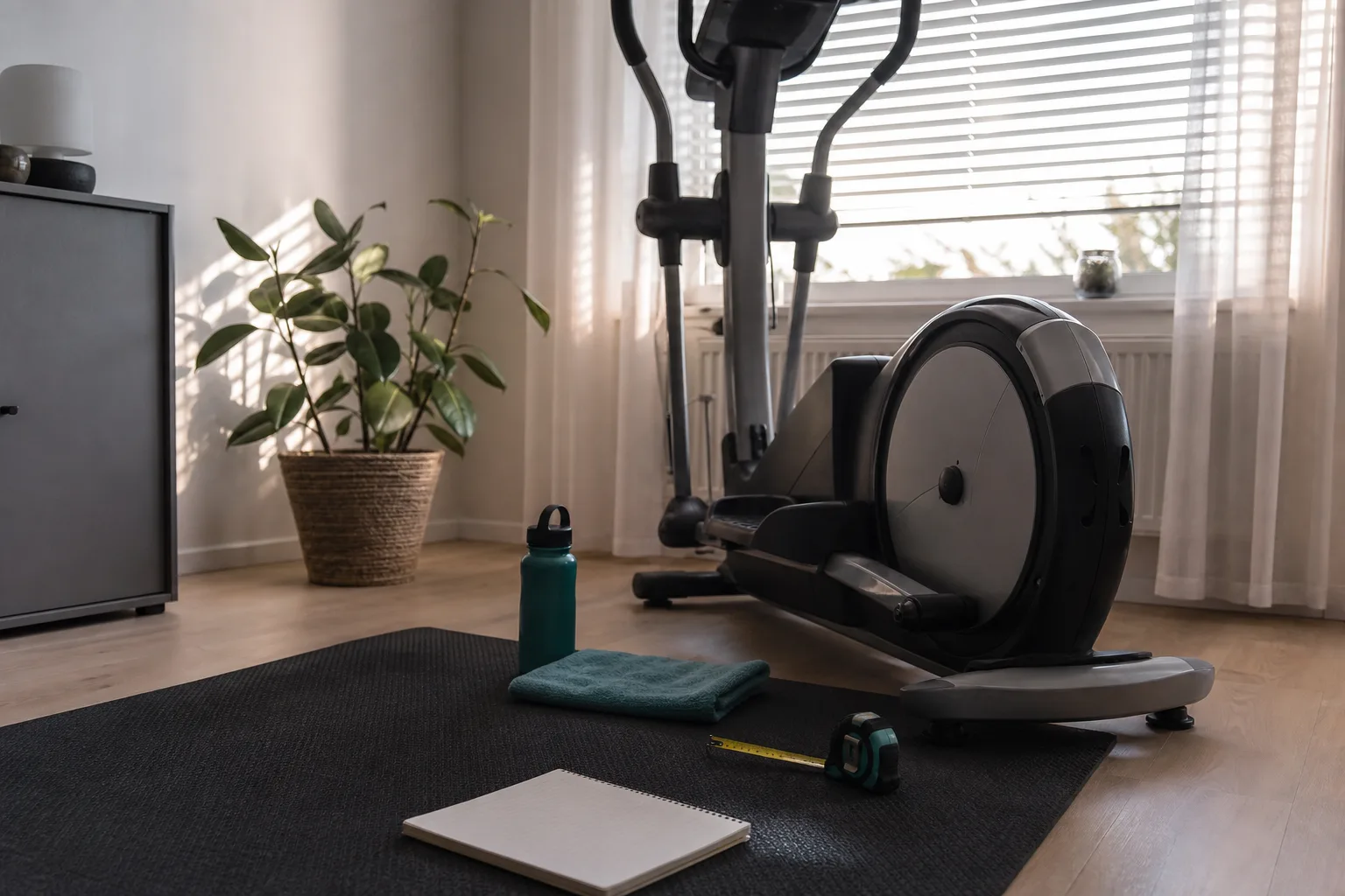 Crosstrainer i ett ljust rum med plats runt maskinen