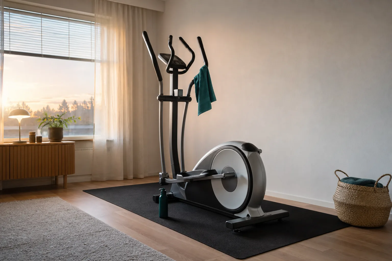 Crosstrainer som står stadigt på en golvmatta i ett ljust rum