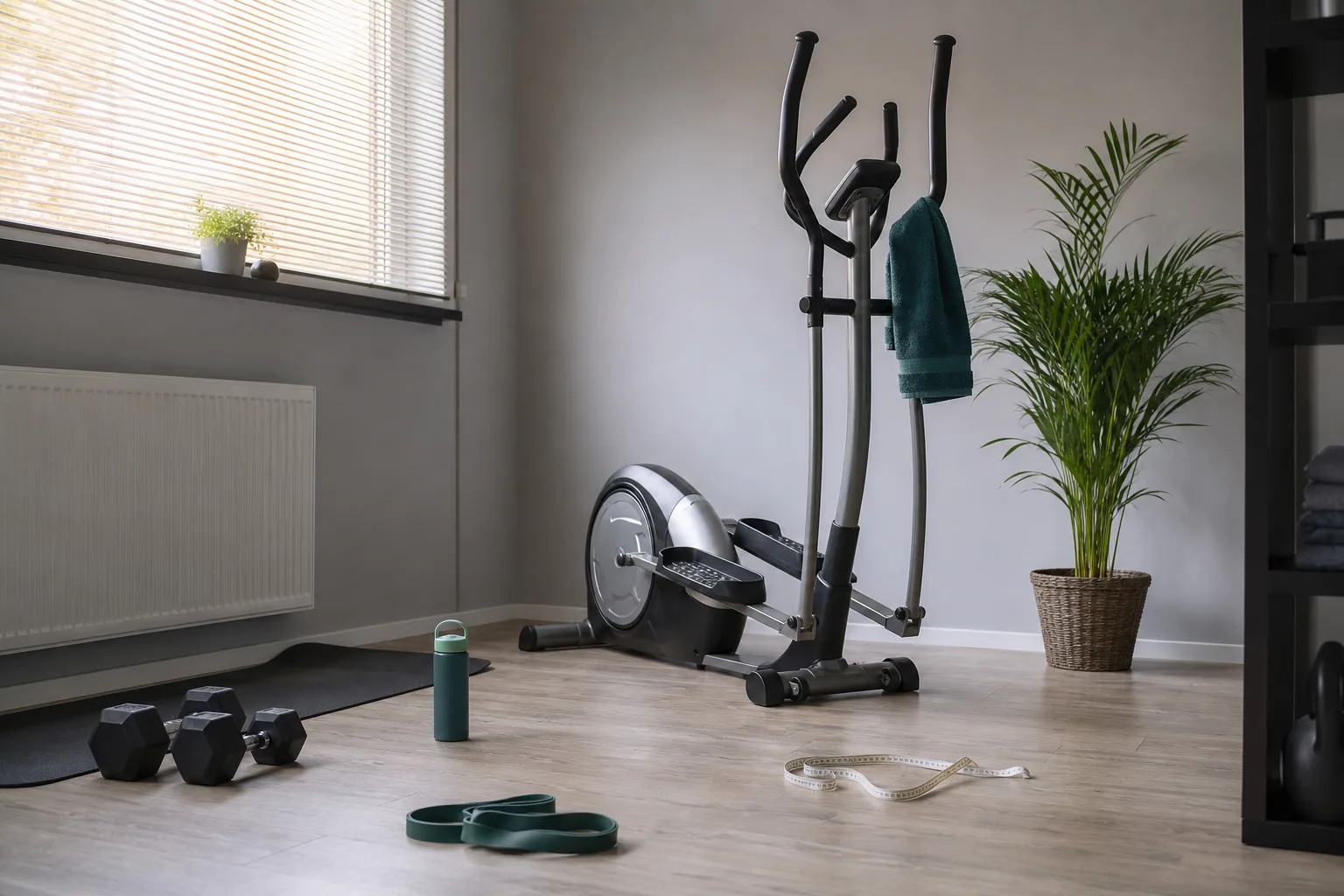 Crosstrainer med träningsredskap i ett hemmagym
