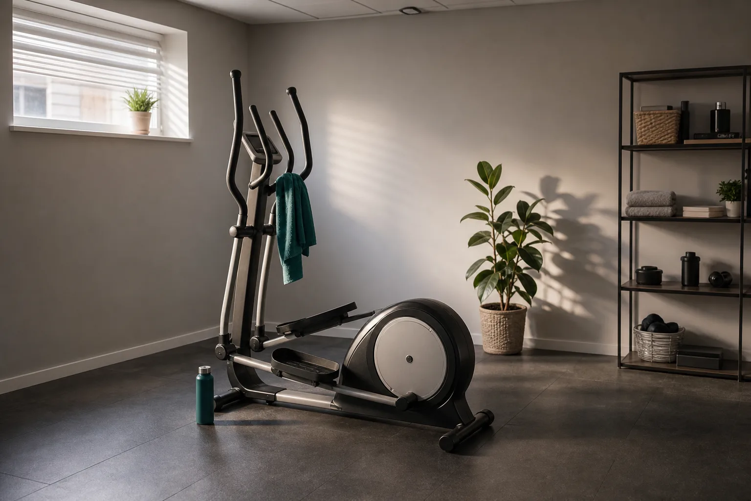Frontdriven crosstrainer i ett källarrum
