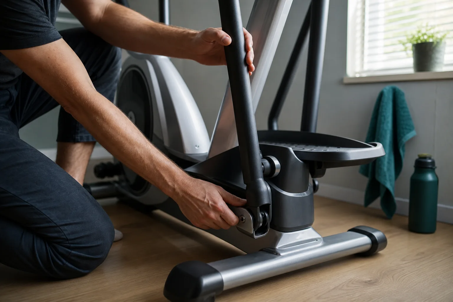 Crosstrainer i ett svenskt vardagsrum tidig morgon