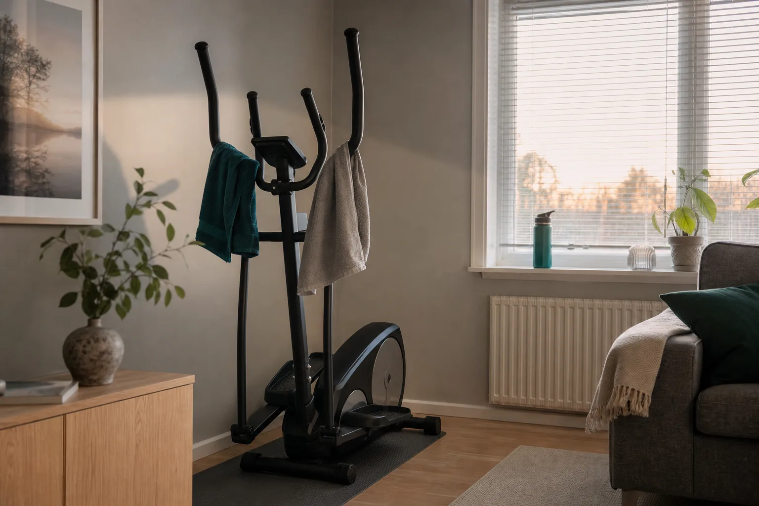 Crosstrainer i ett ljust vardagsrumshörn