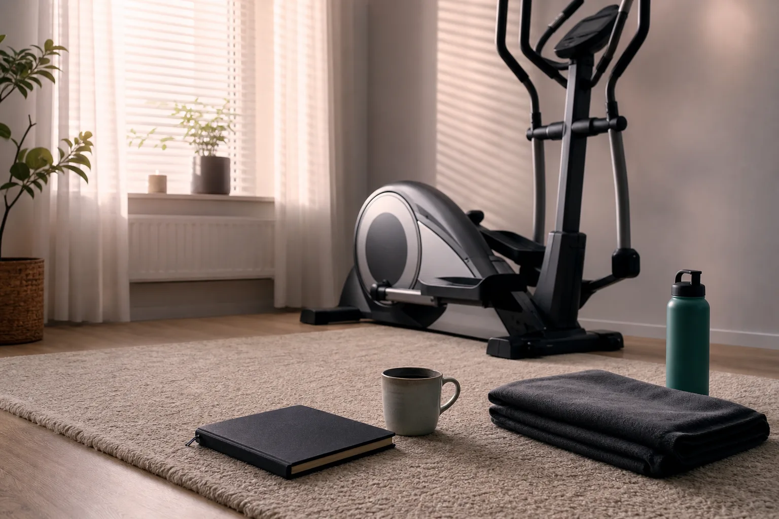 Crosstrainer med fri golvyta i ett ljust rum