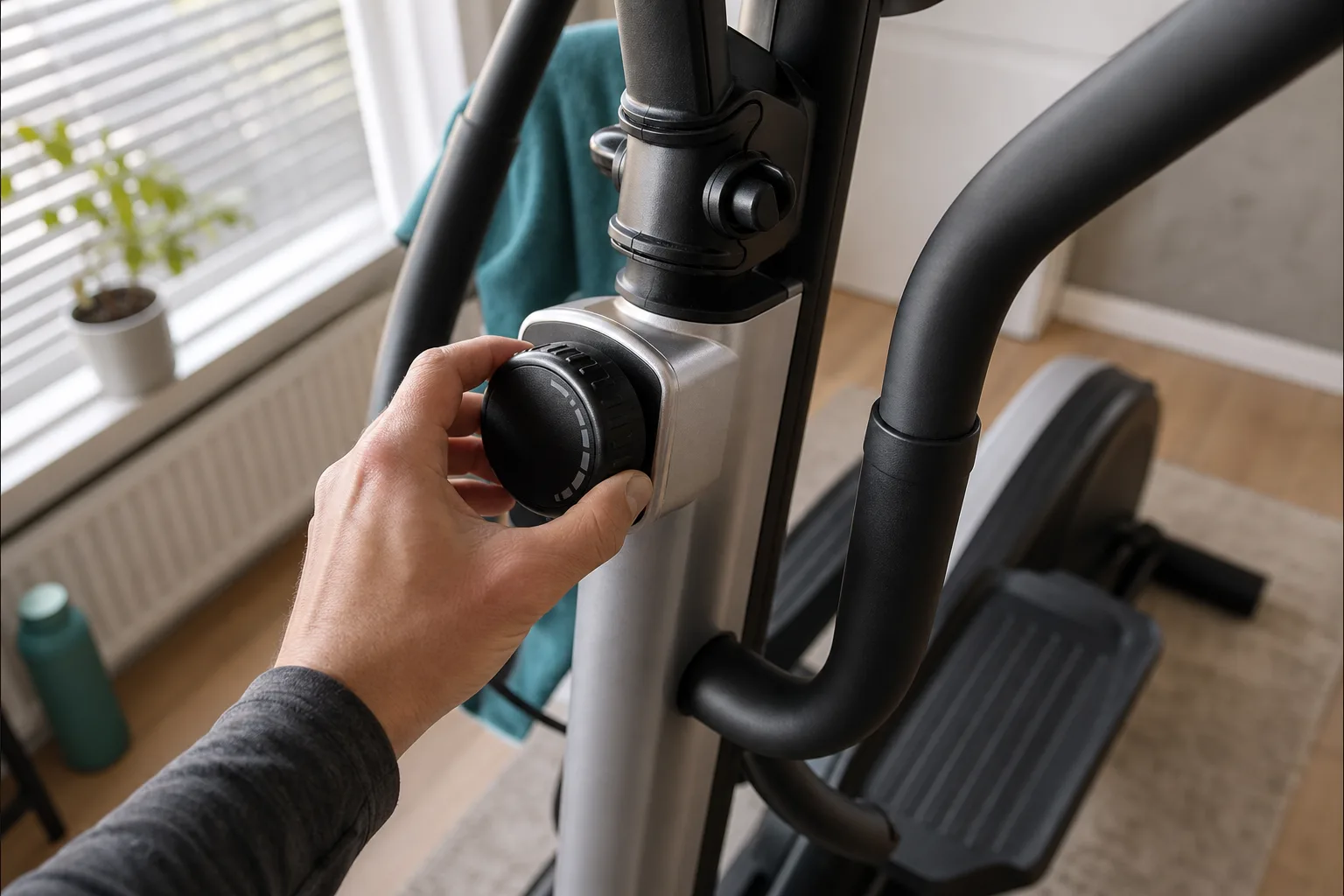 Crosstrainer sedd bakifrån med svänghjul och bromssystem synligt