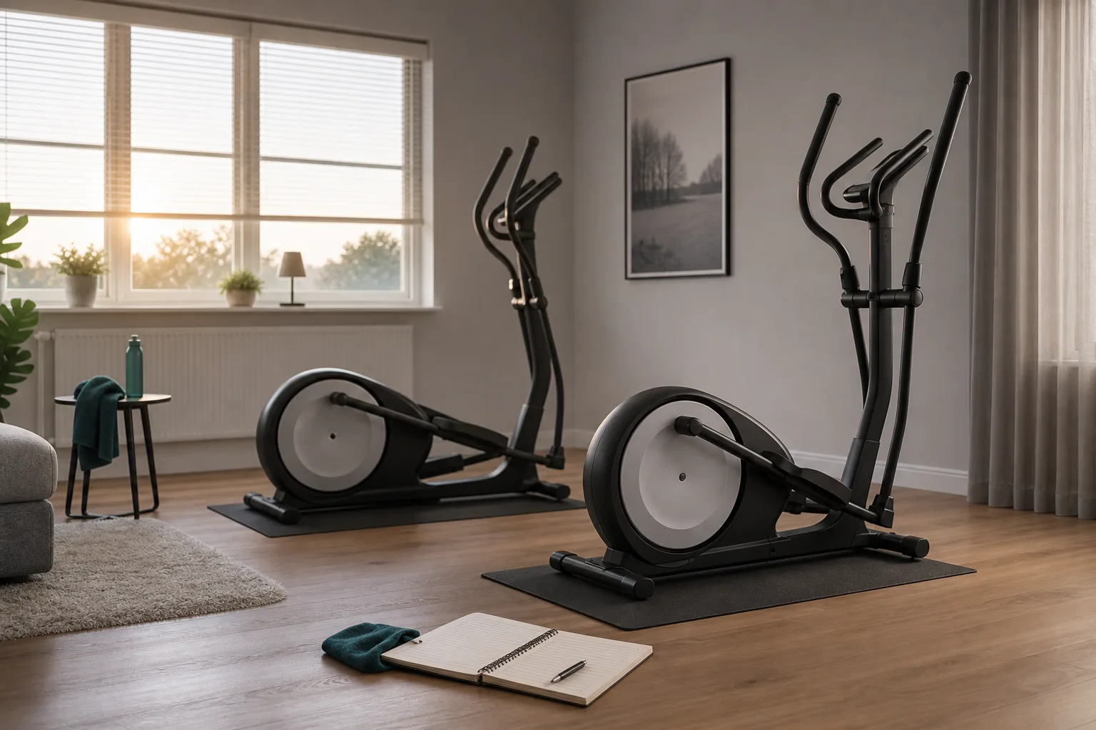 Crosstrainer med konsol och motståndsreglage i ett ljust rum