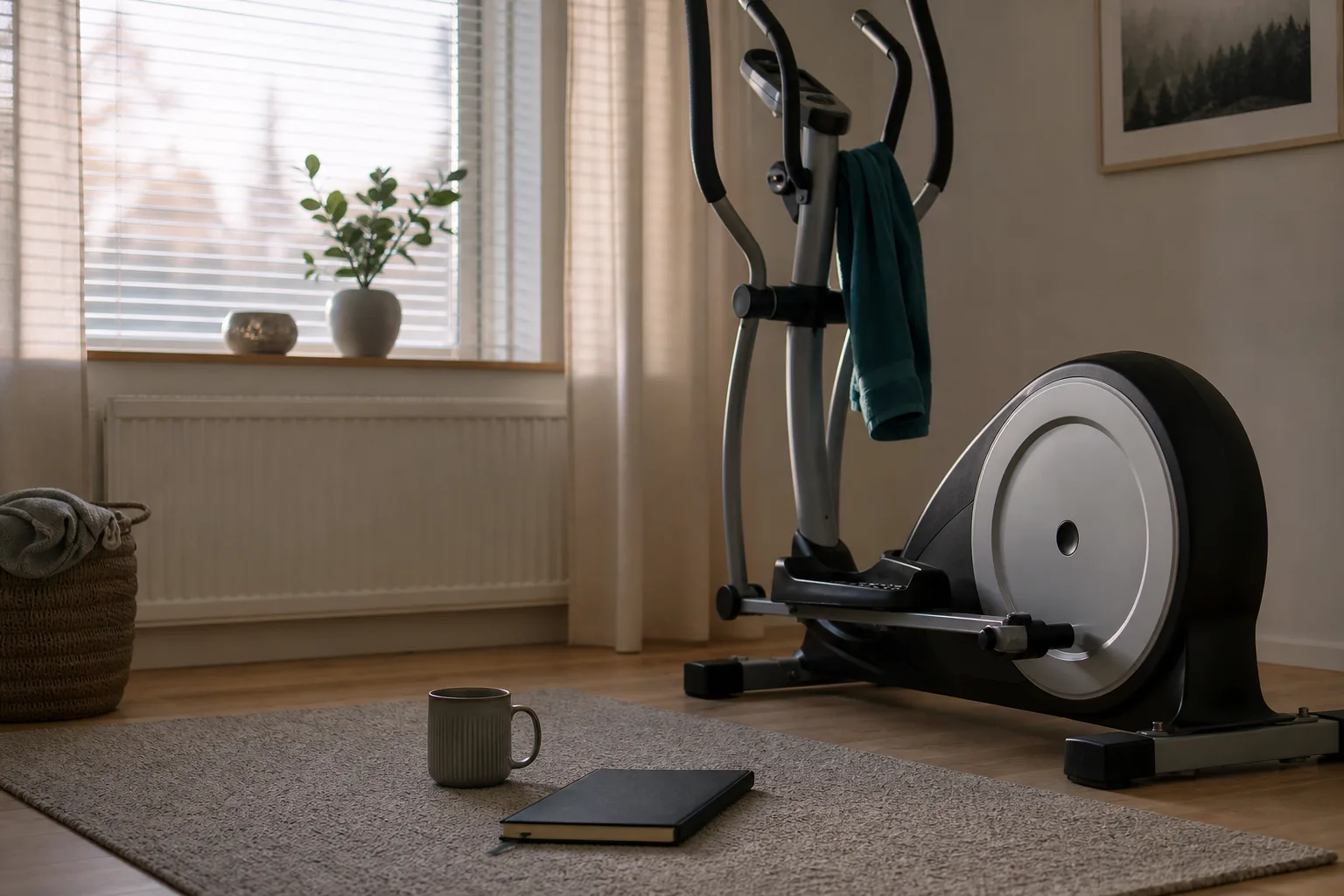 Kaffekopp och anteckningsbok vid crosstrainer-detalj i motljus