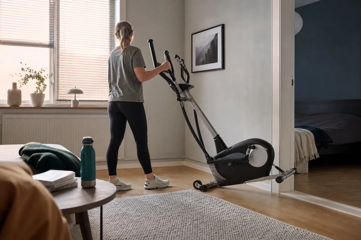Crosstrainer med transporthjul vid vardagsrumsmatta