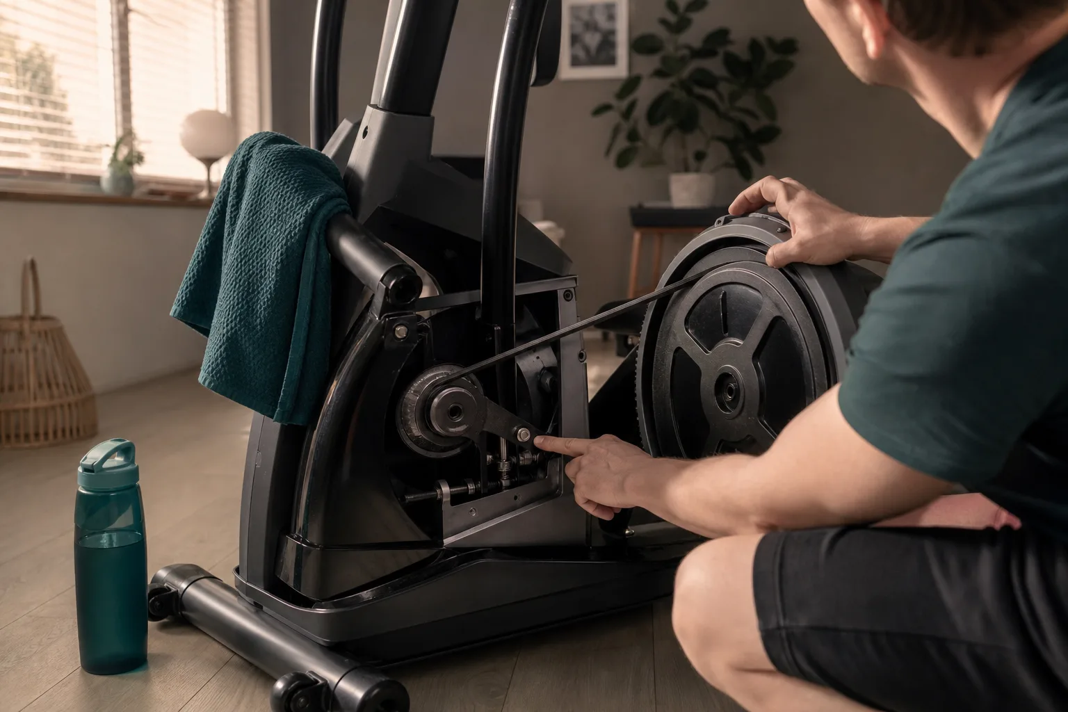 Ren skena och stabil golvkontakt under en crosstrainer