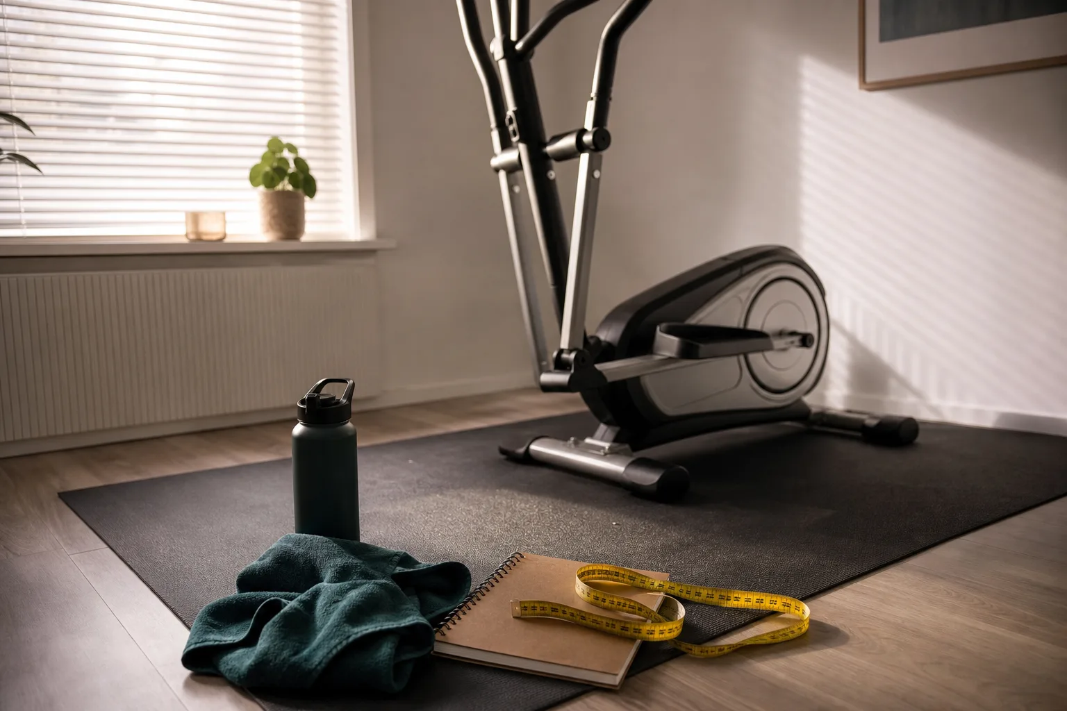 Crosstrainer med fri golvyta i ett ljust rum