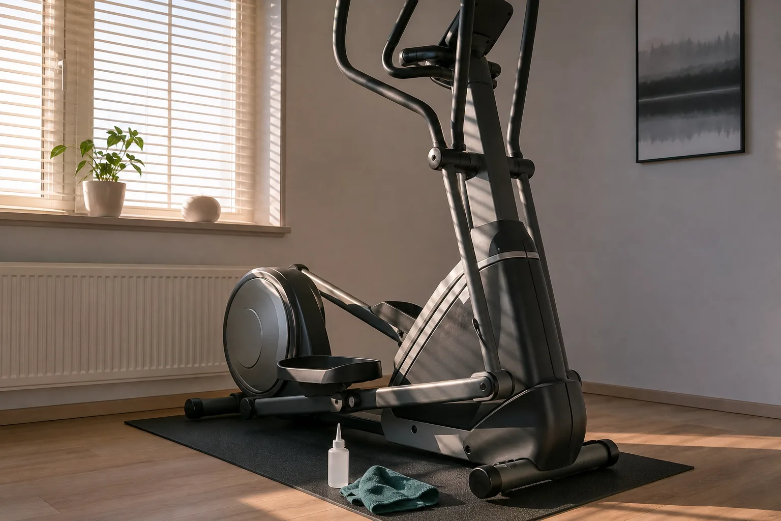 Crosstrainerns skenor och rörliga delar sedda underifrån