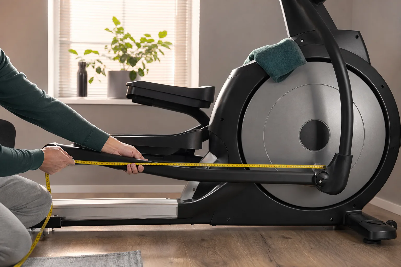 Crosstrainer i ett ljust rum med fri golvyta