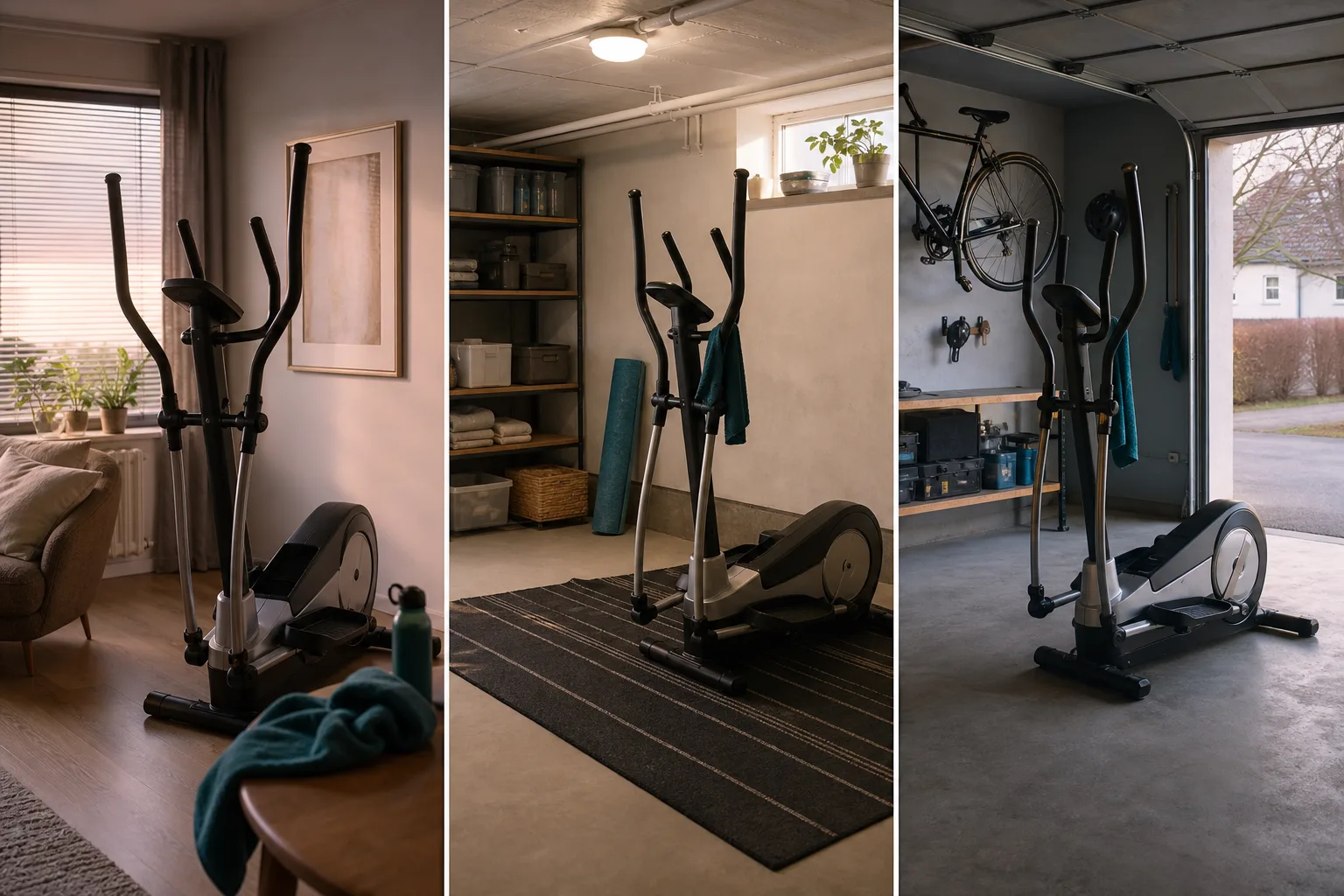 Crosstrainer uppställd i ett rum med måttband för takhöjd och golvyta
