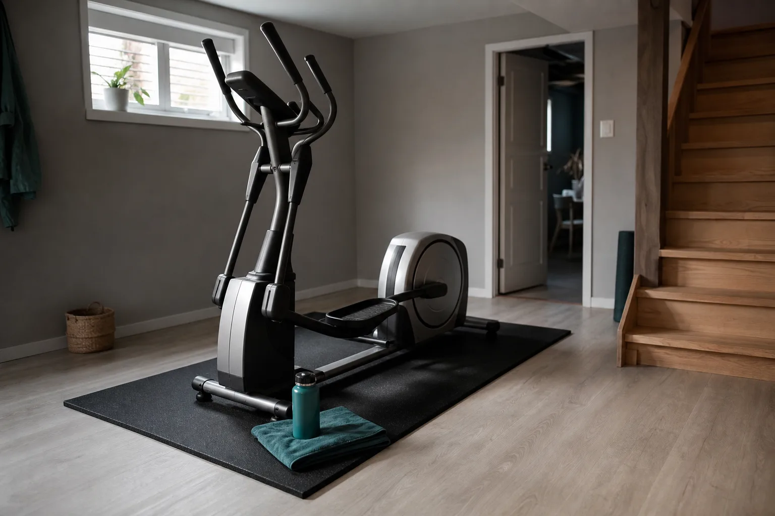 Crosstrainer på en underlagsmatta i ett ljust hemmagymshörn