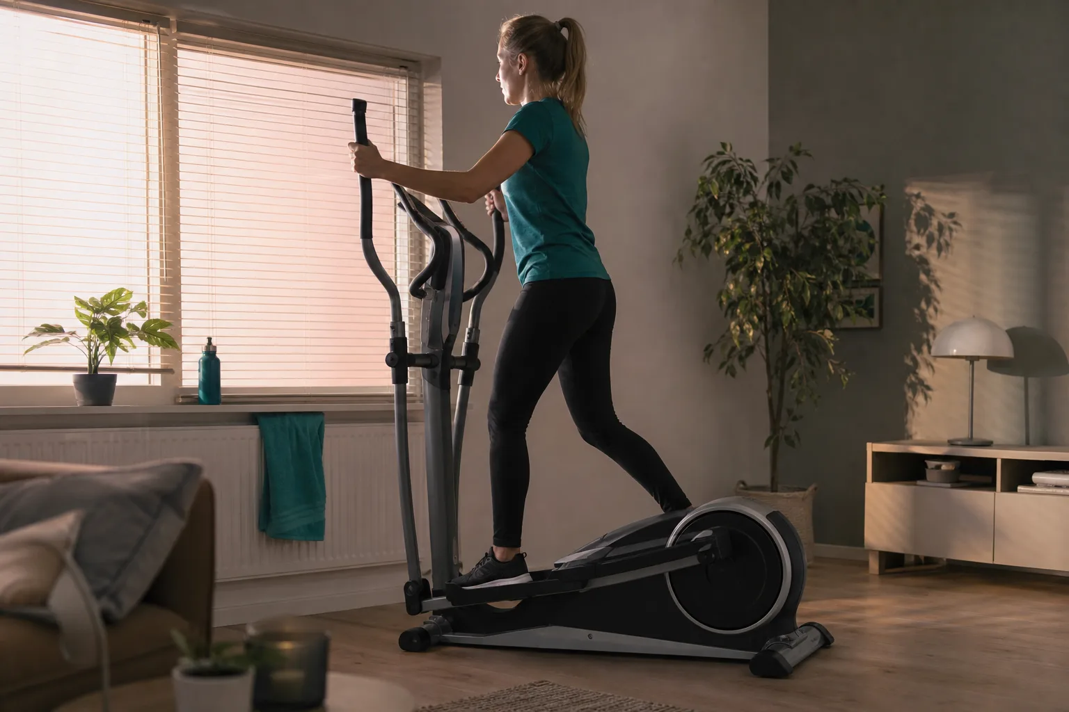 Person tränar stående på en crosstrainer i ett ljust rum